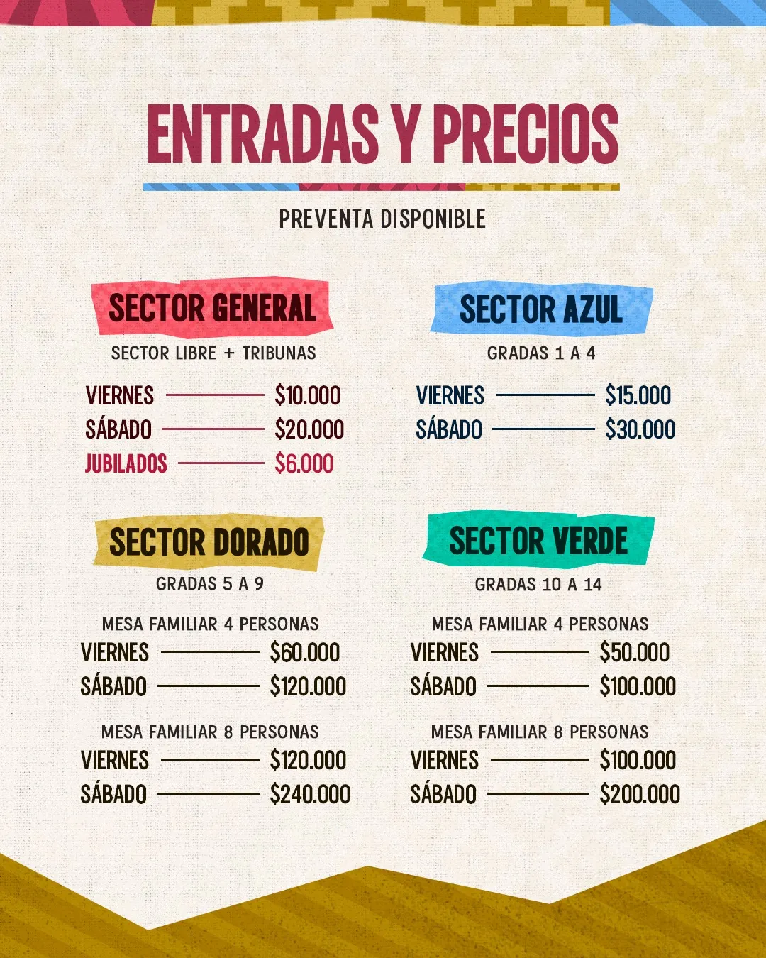Flyer oficial de precios y entradas de la Fiesta Nacional de la Tradición